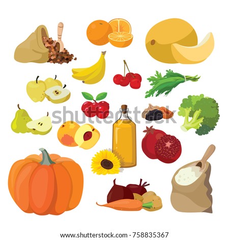 Vegetarian foods: Vegetables, fruits, berries, cereals, oil. For your convenience, each significant element is in a separate layer. Eps 10 Royalty-Free Stock Photo #758835367
