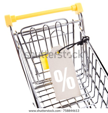 A large shopping basket isolated on a white background, food cart, 
tag or label with a percent sign, top and front view
