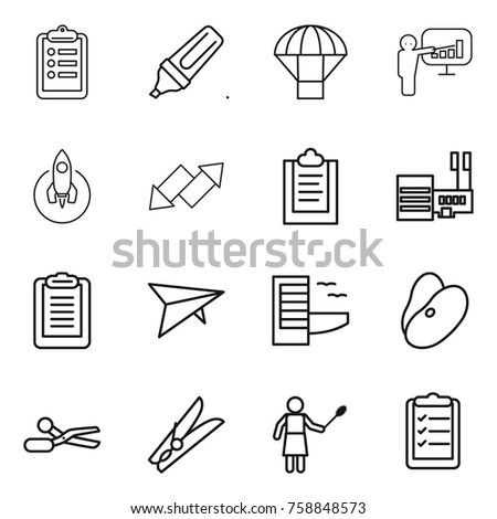 Thin line icon set : clipboard, marker, parachute, presentation, rocket, up down arrow, mall, deltaplane, hotel, beans, scissors, clothespin, woman with duster, list