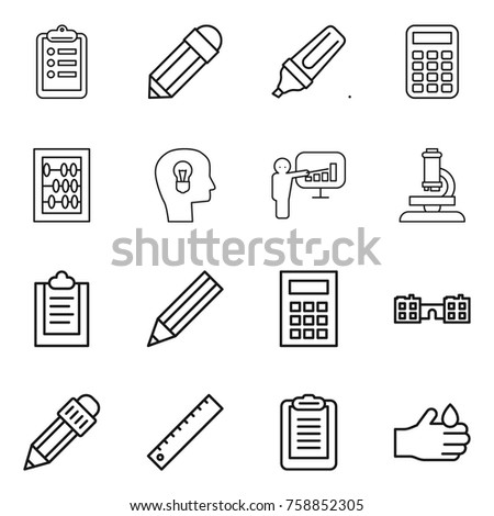 Thin line icon set : clipboard, pencil, marker, calculator, abacus, bulb head, presentation, microscope, school, ruler, acid