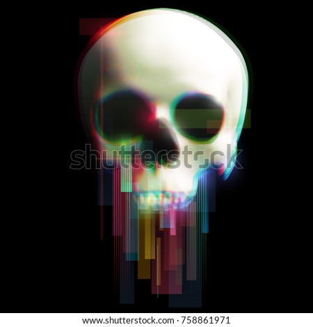 Human skull in distorted glitch style on black background. Modern design element for branding, cover, poster, print textile. Stylish vector illustration.