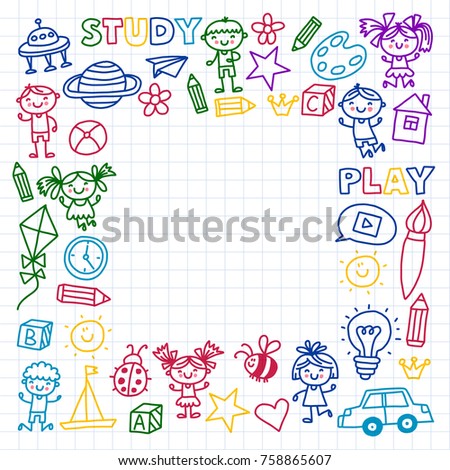 Time to adventure Imagination Creativity Small children play Nursery Kindergarten Preschool School Kids drawing doodle icons Pattern Play, study learn with happy boys and girls Let's explore space