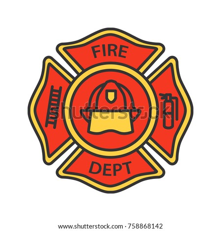 Fire department badge color icon. Firefighting emblem with helmet, ladder and extinguisher. Isolated vector illustration