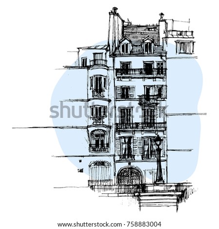Hand drawn Paris house, urban sketch style vector illustration isolated on blue background. Sketch style drawing of historical Parisian house, building, townhouse