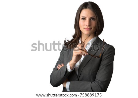 Young smart and witty business financial law type commercial professional on white background Royalty-Free Stock Photo #758889175