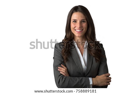 Smiling likable sincere and charming business woman portrait on a white background Royalty-Free Stock Photo #758889181