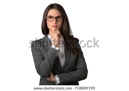 Business female in deep thought and concentration isolated on white background