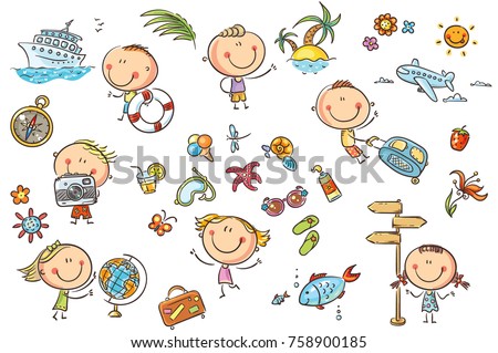 Funny kids set, summer, travelling, vacations and seaside theme. No gradients used, easy to print and edit. Vector files can be scaled to any size.