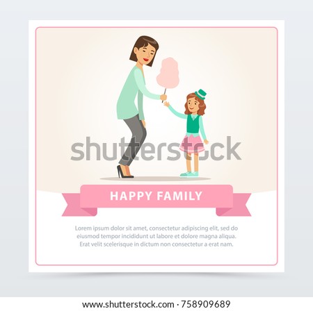 Mom giving cotton candy to her daughter, happy family banner flat vector element for website or mobile app