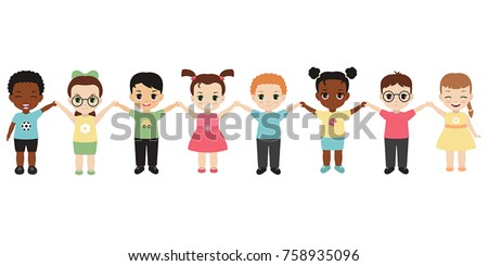 Group of happy children holding hands. Isolated on white background.