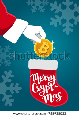Vector illustration of Santa Claus hand holding a golden bitcoin dropping it into Christmas stocking. Bitcoin, cryptocurrency, money, wealth, gift concept design element in flat contemporary style