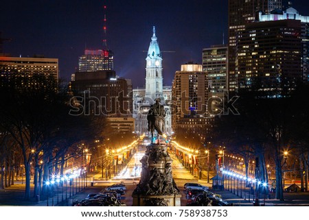 View of downtown Philadelphia, Pennsylvania at night from the Philadelphia Museum of Art