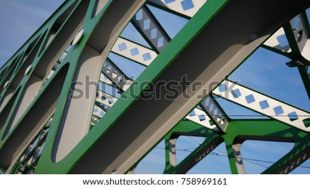 Abstract metal construction. Details of the metallic green bridge in Bratislava, Slovakia. Industrial construction
