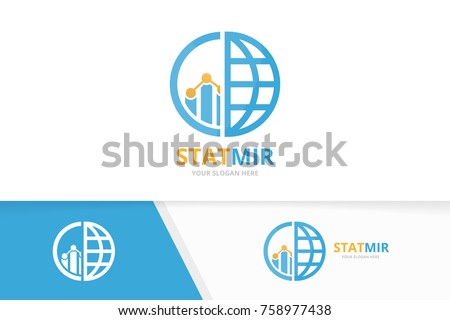 Vector graph and planet logo combination. Diagram and world symbol or icon. Unique chart and globe design template.