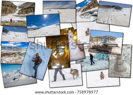 Collage pictures of glaciers, individual sports, transportation, objects and activities related to winter holidays isolated on white background.