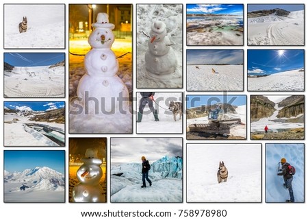 Collage pictures of glaciers, individual sports, transportation, objects and activities related to winter holidays.