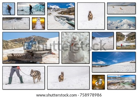 Collage pictures of glaciers, individual sports, transportation, objects and activities related to winter holidays.