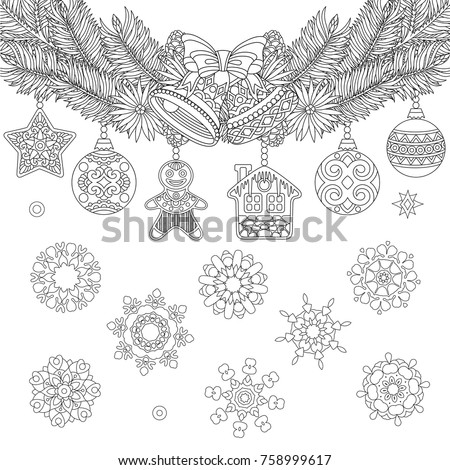 Christmas coloring page with holiday ornaments, fir tree, jingle bells and vintage snowflakes. Freehand sketch drawing for 2018 Happy New Year greeting card or adult antistress coloring book.