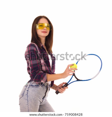 Young cute girl with tennis racket, isolated
