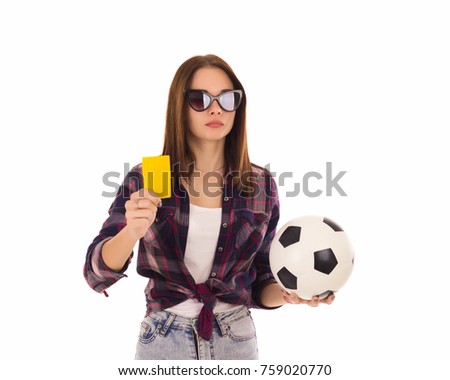 Young cute girl with soccer ball, isolated
