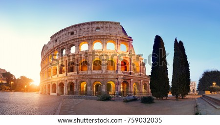 Panoramic image of Colosseum (Coliseum) in Rome, Italy, at sunrise, Royalty-Free Stock Photo #759032035