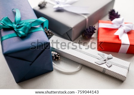 holiday professional gift handmade wrapping on white background. present preparing for birthday, valentines day, christmas, new year and other occasion