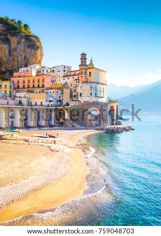 Morning view of Amalfi cityscape on coast line of mediterranean sea, Italy Royalty-Free Stock Photo #759048703