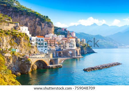 Morning view of Amalfi cityscape on coast line of mediterranean sea, Italy Royalty-Free Stock Photo #759048709
