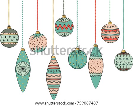 Freehand Colored hanging Christmas ornaments, Retro texture pattern tree balls decoration illustration, Beautiful vintage Holiday season decor sketch, Greeting card elements, Round & long shape