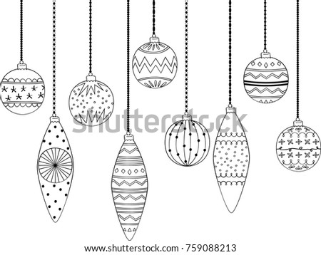 Freehand hanging Christmas ornaments, Black outline retro texture pattern tree balls decoration illustration, Beautiful vintage Holiday season decor sketch, Greeting card elements, Round & long shape