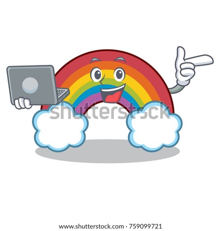 With laptop colorful rainbow character cartoon