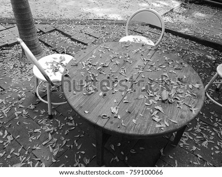 Falling leaves on the wood table and floor, romantic moment, classic scene.