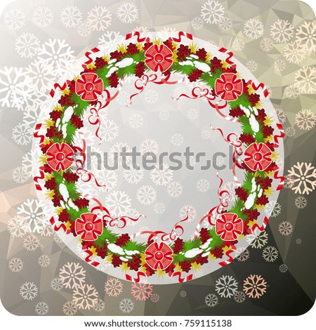Holiday background with Christmas wreath and snowflakes. Copy space. Vector clip art.