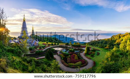 Sunrise scence of two pagoda on the top of Inthanon mountain in doi Inthanon national park, Chiang Mai, Thailand. Royalty-Free Stock Photo #759117796