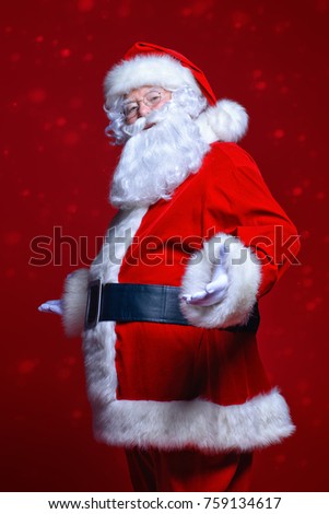 Christmas concept. Portrait of a fairytale Santa Claus over red background. Good old traditions. Family holidays.