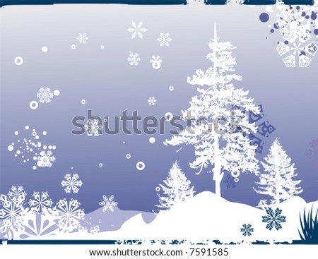 Winter background with a pine tree and snowflakes, vector illustration series.