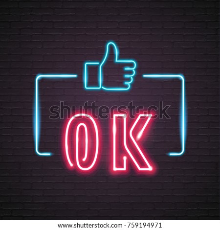 Neon Light Glowing OK Like Button Vector Graphic Illustration