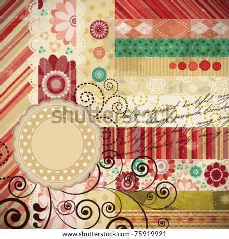 Scrap background made in the classic patchwork technique with floral stamps and handwriting text.