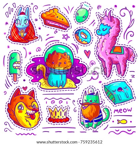 Set of neon stickers with cartoon funny animals, food and things. Vector collection of cute characters for patch badges, pins, prints, etc. 