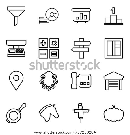 Thin line icon set : funnel, diagram, presentation, pedestal, market scales, calculator, singlepost, window, geo pin, hawaiian wreath, intercome, garage, pan, horse, scarecrow, pumpkin