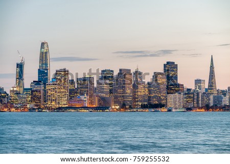 Night skyline of San Francisco from Treasure Island.