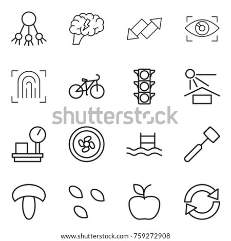 Thin line icon set : share, brain, up down arrow, eye identity, fingerprint, bike, traffic light, sun potection, warehouse scales, cooler fan, pool, meat hammer, mushroom, seeds, apple, reload
