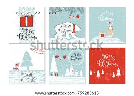 Set of 6 cute Christmas gift cards with quote Merry Christmas, merry and bright, warm wishes, magic moments. Easy editable template. Cute  illustration for card, poster, t-shirt, banner.