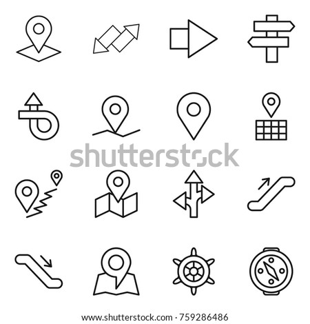 Thin line icon set : pointer, up down arrow, right, singlepost, trip, geo pin, map, route, escalator, handwheel, compass