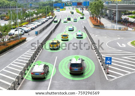 Smart car (HUD) and Autonomous self-driving mode vehicle on metro city road with graphic sensor signal.