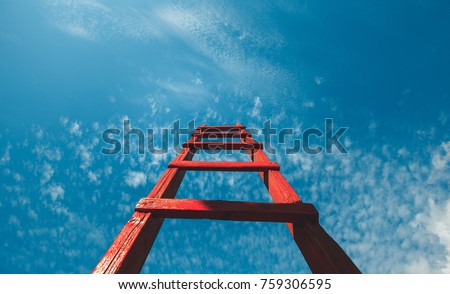 Red Staircase Rests Against Blue Sky, Front View. Development Motivation Career Growth Concept Royalty-Free Stock Photo #759306595