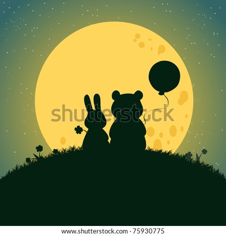 Vector illustration, cute baby animals under moonlight, card concept.