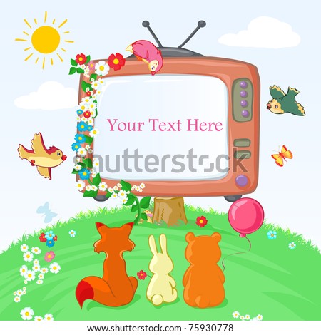 Vector illustration, baby animals watching Tv, card concept.