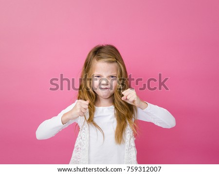 portrait of blond pretty girl in front of pink background with different emotions