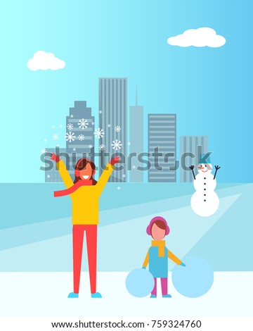 Mother and daughter in winter city having fun together, snowman with carrot nose and cityscape with buildings and clouds vector illustration